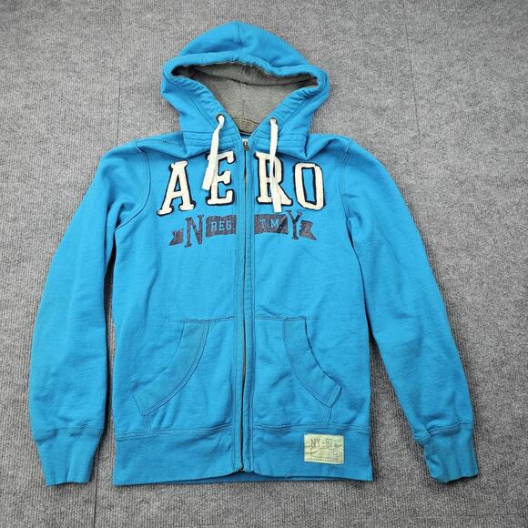 Vintage Aeropostale Hoodie Mens Small Blue Y2K Full Zip AERO Embroidered Fleece - Picture 1 of 6